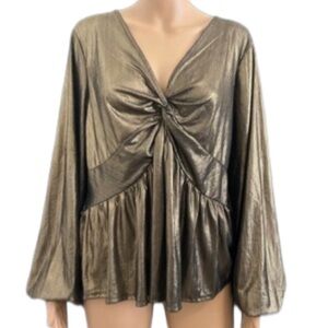 Bold Elements Metallic Gold Long Ballon  Sleeve V Neck Blouse‎